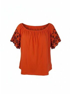 Embroidered Orange Off-Shoulder Blouse With Black Floral Sleeves Womens Large Co